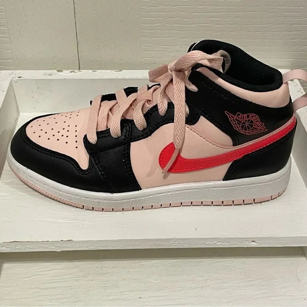 Nike Air Jordan 1 Mid GS Atmosphere Shoes Black Pink Crimson Kids 1Y
